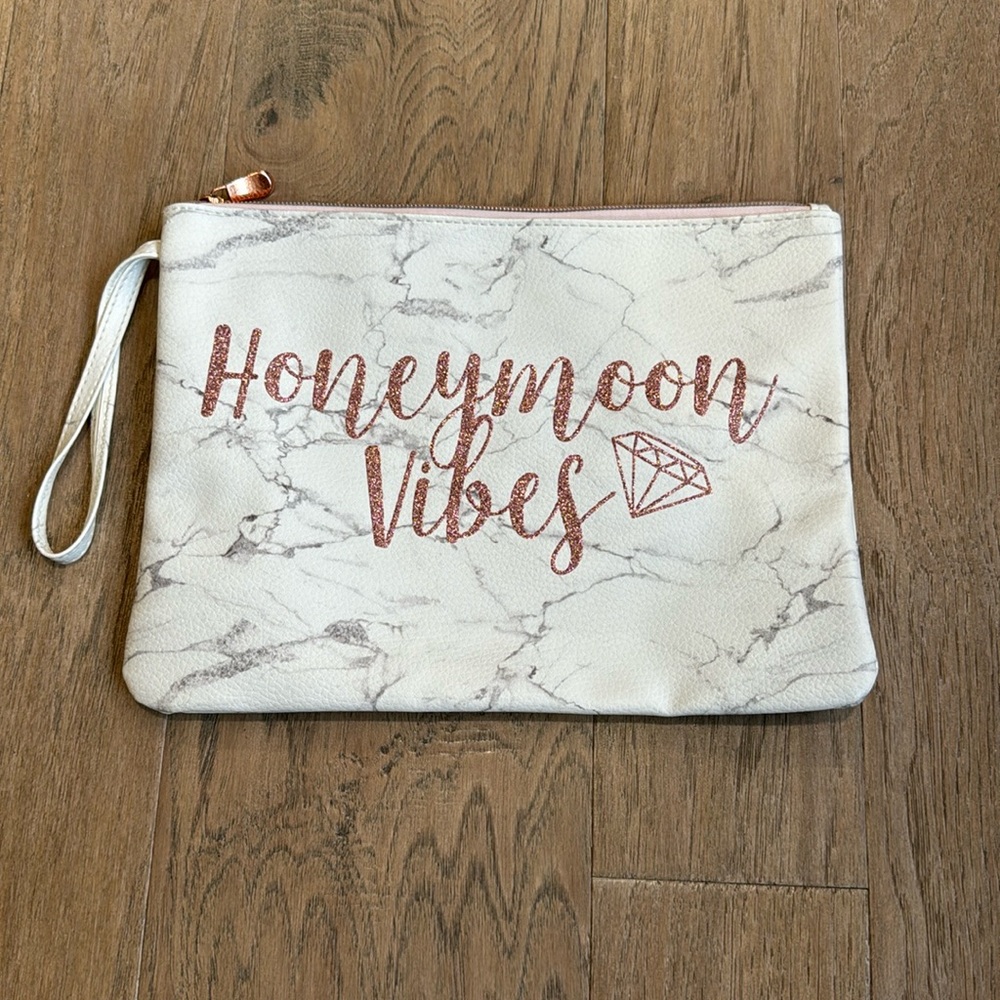 Honeymoon Cosmetic Bag White Marble With Pink Glitter Lettering